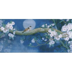 Fresque murale zen salle de bain japonaise - Oiseaux et ceriser dans la nuit Bleue