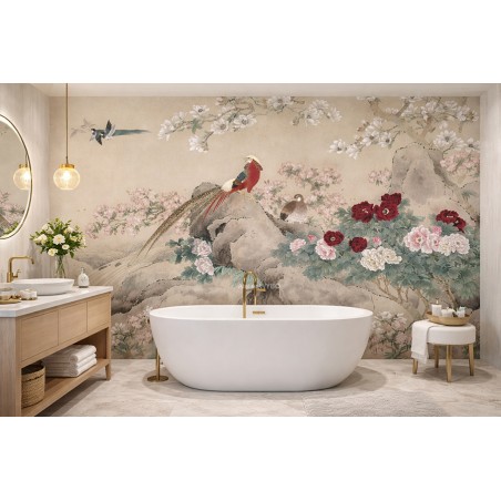 Fresque japonaise imperméable, idée décor salle de bain moderne et zen.
