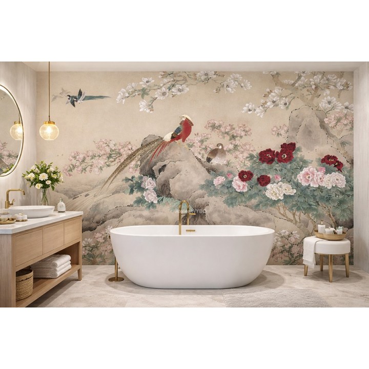Fresque japonaise imperméable, idée décor salle de bain moderne et zen.