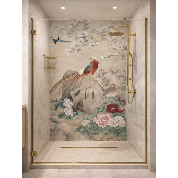 Déco mural douche italienne, fresque ancienne thème fleurs et oiseaux 100% sur mesure.