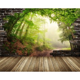 papier peint paysage trompe l'oeil effet 3D extension d'espace forêt dans le brouillard