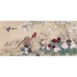 Déco salle de bain ambiance printanière - Faisan et oiseaux bleus dans jardin de pivoine