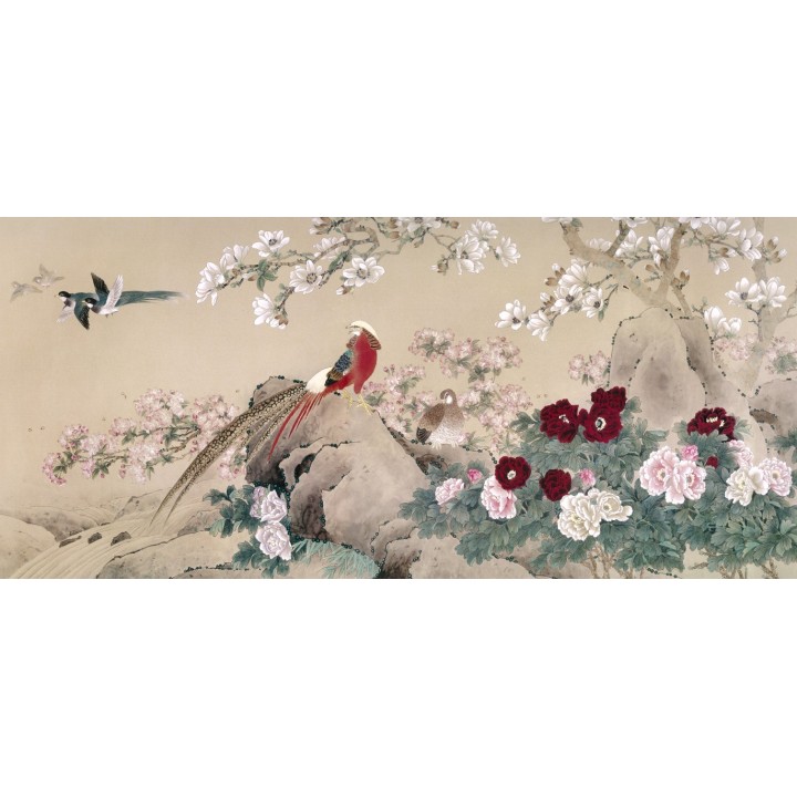Panneau Mural Etanche Japonais — Pivoines & Faisan | Décor Douche Luxe