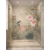 Déco douche italienne avec panneau mural sur mesure motif fleur de lotus et oiseau d'eau. #Renovation #AstuceDeco #SalleDeBain