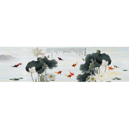 Tapisserie asiatique grand format panoramique - Les lotus et les poissons dans l'étang effet sur marbre