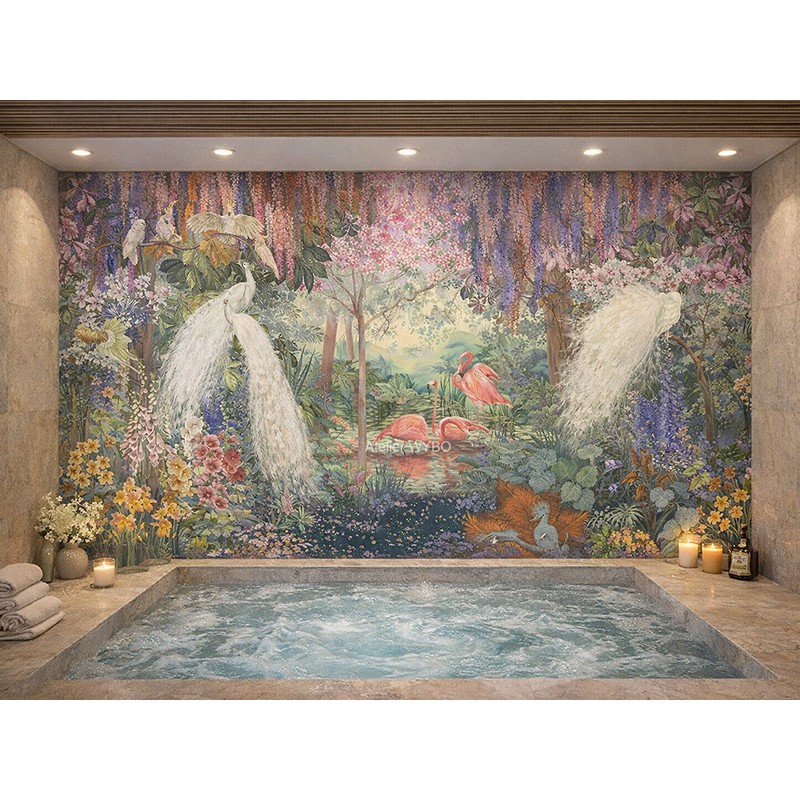 Créez une ambiance spa à domicile avec ce revêtement mural jungle exotique. Design et dimensions sur mesure.