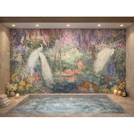 Créez une ambiance spa à domicile avec ce revêtement mural jungle exotique. Design et dimensions sur mesure.