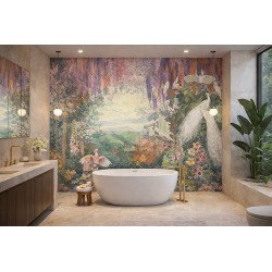 Alternative carrelage salle de bain, décoration d'intérieur haut de gamme, panneau panoramique sans joint visible.