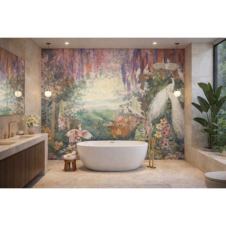Alternative carrelage salle de bain, décoration d'intérieur haut de gamme, panneau panoramique sans joint visible.