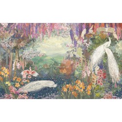 Décor panoramique de paons blancs et flamants roses 100% étanche. Sublimez votre douche dès aujourd'hui !