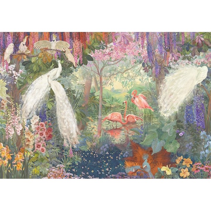 Panneau Mural Douche Jungle Enchantée Paon Blanc Flamant Rose Perroquet