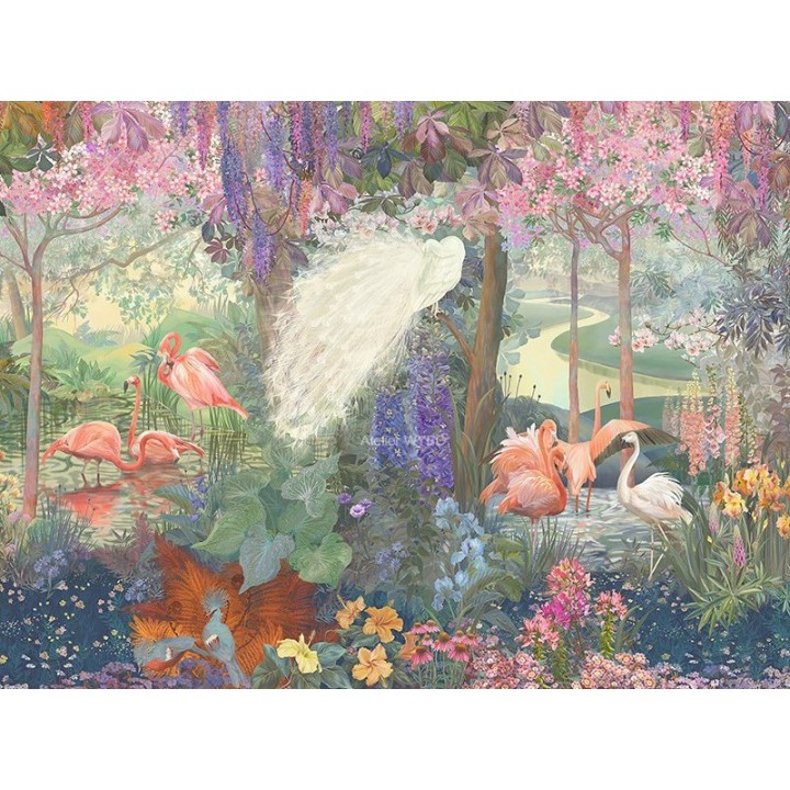 Panneau Mural Douche Jungle Enchantée Paon Blanc Flamant Rose Perroquet