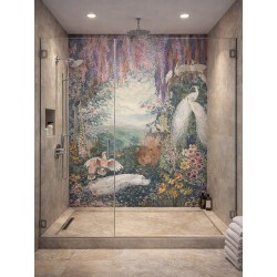 Panneau mural étanche pour douche, décor jungle avec paons blancs et flamants roses