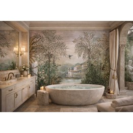 Déco salle de bain style italien, panneau imperméable motif exclusif Lac de Côme et végétation exubérante.