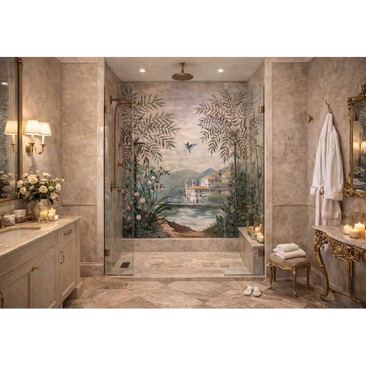 Relooking douche italienne avec une fresque classique, matière étanche, couleur résistante, dimensions 100% sur mesure,