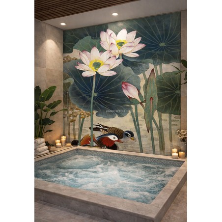 Crédence XXL salle de bain, SPA – Couple de canards mandarins et lotus