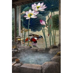 Crédence XXL salle de bain, SPA – Couple de canards mandarins et lotus