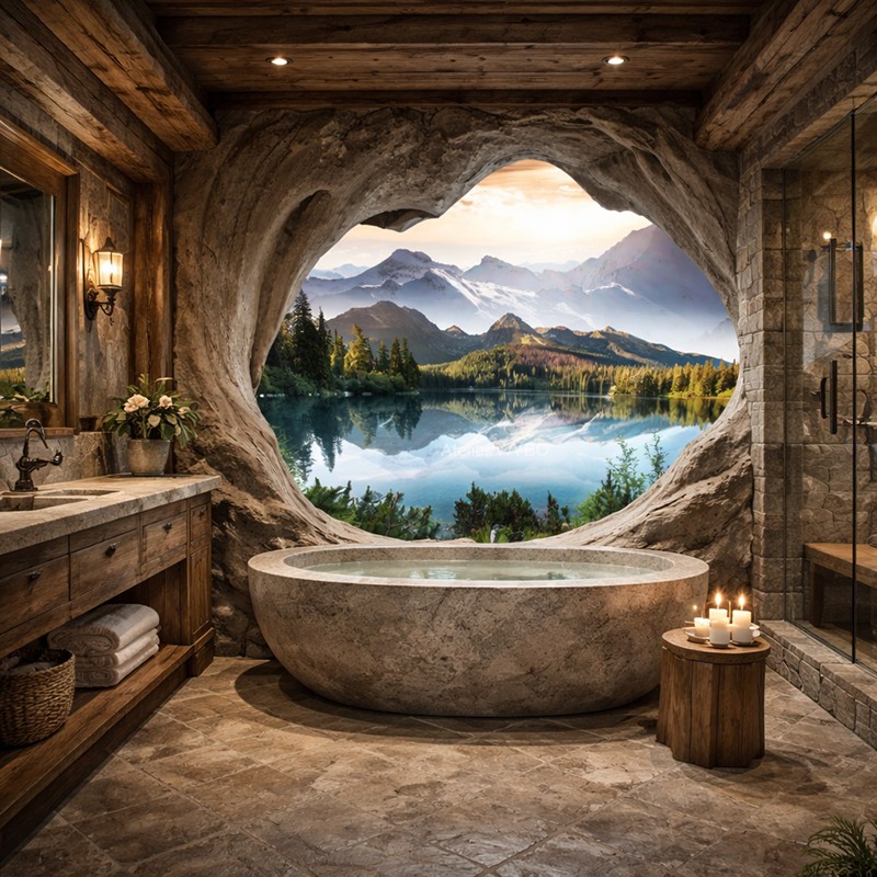 Déco Salle de Bain Panneau Mural Trompe l'Oeil 3D - Paysage Alpin vue depuis un trou