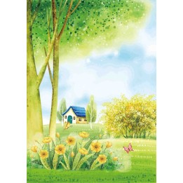 paysage dessiné à la main décor naïf papier peint personnalisé petite maison dans le jardin