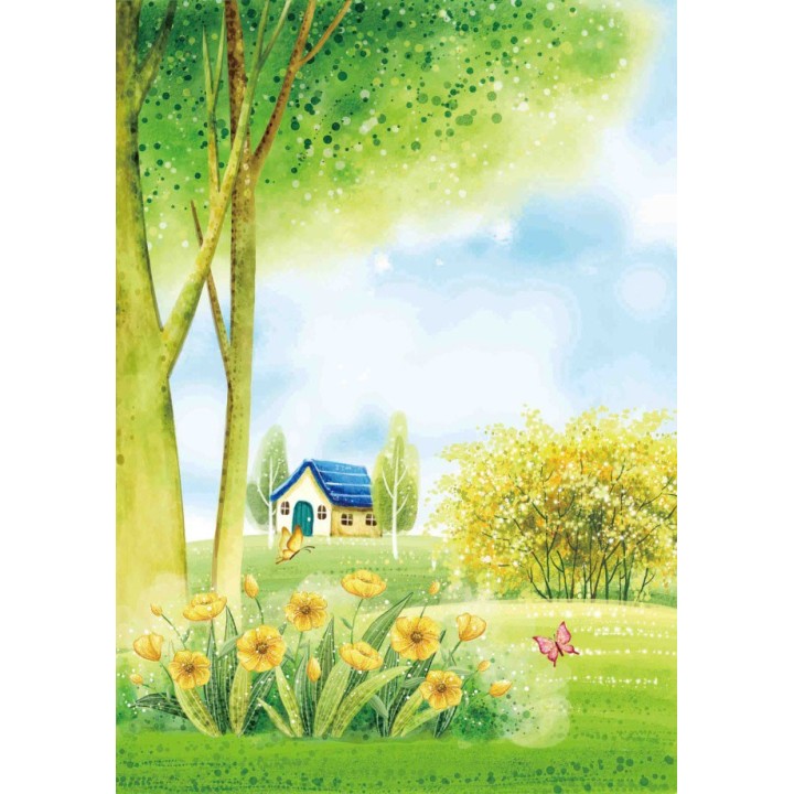 paysage dessiné à la main décor naïf papier peint personnalisé petite maison dans le jardin