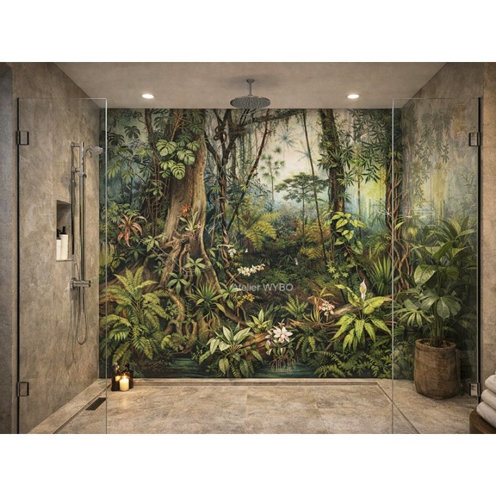 rénovation douche italienne sans carrelage, fresque panoramique aspect ancien.