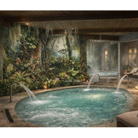 Décoration spa ambiance jungle, panneau mural étanche arbres et plantes tropicales.