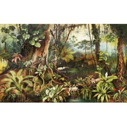 Idée déco salle de bain de relax, papier peint étanche jungle avec orchidées et plantes tropicales.