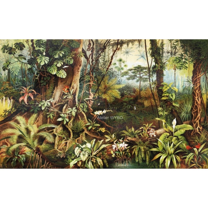 Idée déco salle de bain de relax, papier peint étanche jungle avec orchidées et plantes tropicales.
