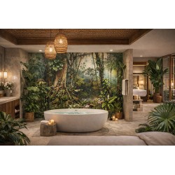 décoration chambre d'hôtel style tropical, mur de baignoire panoramique paysage de la jungle.