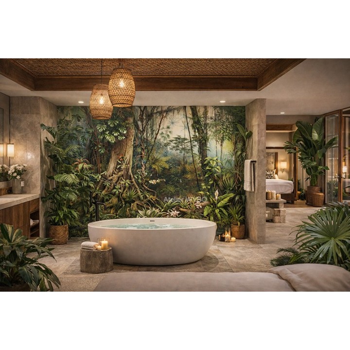 décoration chambre d'hôtel style tropical, mur de baignoire panoramique paysage de la jungle.