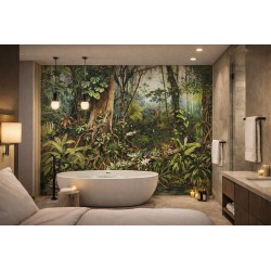 Design salle de bain contemporaine, une crédence XXL jungle crée une l'atmosphère particulière de la pièce.