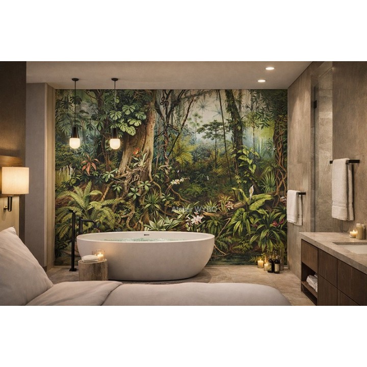 Design salle de bain contemporaine, une crédence XXL jungle crée une l'atmosphère particulière de la pièce.