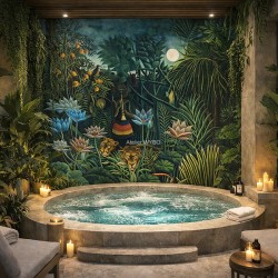 Espace spa confidentiel, plaque aluminum imprimée jungle dans la nuit.