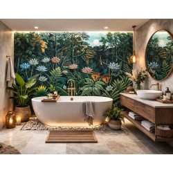 Mur de baignoire résistant à l'humidité, design luxe exotique, couleurs éclatantes.