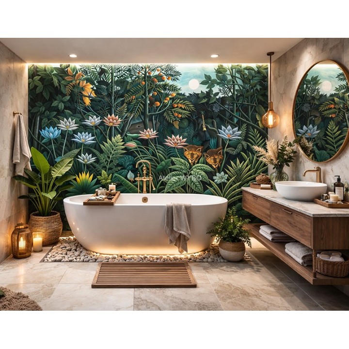 Mur de baignoire résistant à l'humidité, design luxe exotique, couleurs éclatantes.