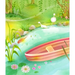 paysage dessiné à la main décor naïf papier peint personnalisé au bord de l'étang