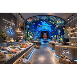 Déco poissonnerie ambiance marine, le mur du fond est habillé par un panneau 3D paysage fond marin.
