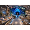 Déco poissonnerie ambiance marine, le mur du fond est habillé par un panneau 3D paysage fond marin.