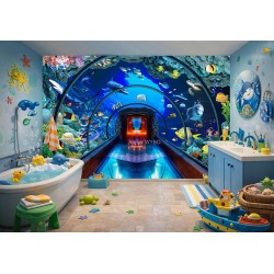 Salle de bain pour enfant, magnifique papier peint étanche d'un tunnel au fond de l'océan.