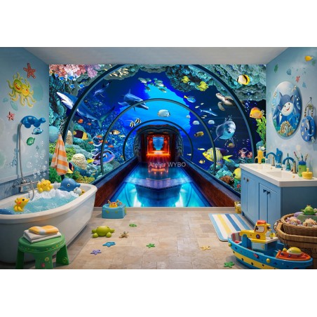 Salle de bain pour enfant, magnifique papier peint étanche d'un tunnel au fond de l'océan.