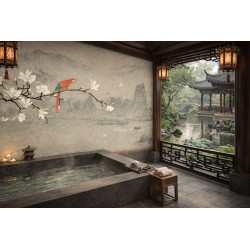 Salle de bain au calme absolu, focalisé par un panneau mural magnolia et perroquet.