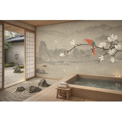 Salle de bain zen avec jardin sec intégré, panneau japonais fleurs et oiseau, revêtement hydrofuge sur mesure.