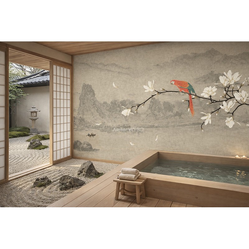 Salle de bain zen avec jardin sec intégré, panneau japonais fleurs et oiseau, revêtement hydrofuge sur mesure.