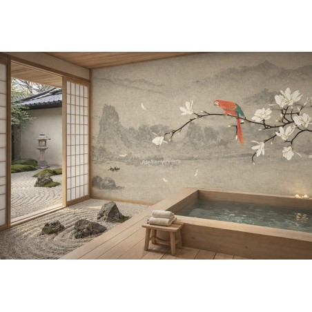 Salle de bain zen avec jardin sec intégré, panneau japonais fleurs et oiseau, revêtement hydrofuge sur mesure.
