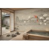 Salle de bain zen avec jardin sec intégré, panneau japonais fleurs et oiseau, revêtement hydrofuge sur mesure.
