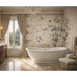 Panneau de douche chinoiserie - Magnolia blanc, oiseau rouge, arbre à fruit rouge