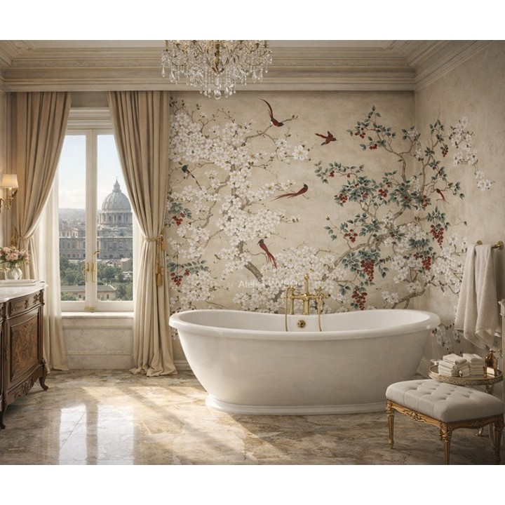 La délicatesse des fleurs et l'éclat des oiseaux transforment votre salle de bain en un véritable cocon de sérénité.