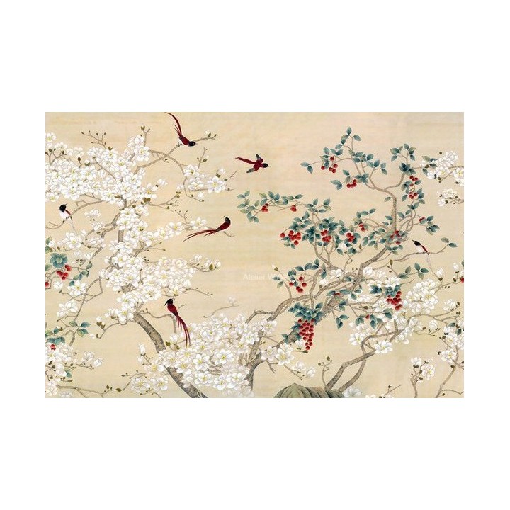 Sublimez votre routine quotidienne avec un écrin de douceur florale, fresque étanche fleurs et oiseaux zen.