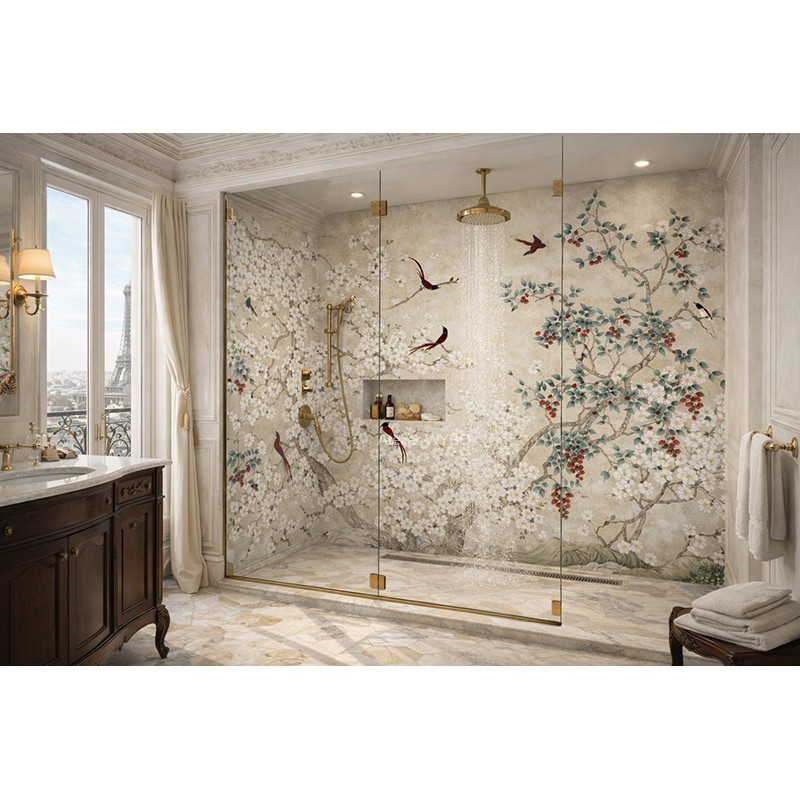 Décoration douche panoramique style asiatique fleurs de magnolia blanc oiseaux rouges arbres exotiques