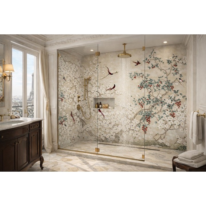 Décoration douche panoramique style asiatique fleurs de magnolia blanc oiseaux rouges arbres exotiques